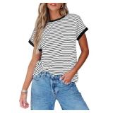 Dokotoo Women's Casual Colorblock Striped Short Sleeve Tops Crew Neck Knit Basic T Shirts