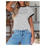 Dokotoo Women's Casual Colorblock Striped Short Sleeve Tops Crew Neck Knit Basic T Shirts
