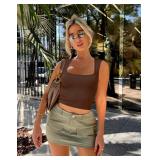 OLCHEE Ribbed Crop Tank Top Brown Small