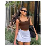 OLCHEE Ribbed Crop Tank Top Brown Small