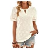 Womens Summer Tops Keyhole Crew Neck Eyelet Lace Short Sleeve Blouses Boho Casual Hollow Out Embroidered Shirts