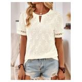 Womens Summer Tops Keyhole Crew Neck Eyelet Lace Short Sleeve Blouses Boho Casual Hollow Out Embroidered Shirts