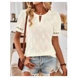 Womens Summer Tops Keyhole Crew Neck Eyelet Lace Short Sleeve Blouses Boho Casual Hollow Out Embroidered Shirts