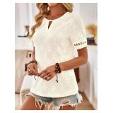 Womens Summer Tops Keyhole Crew Neck Eyelet Lace Short Sleeve Blouses Boho Casual Hollow Out Embroidered Shirts