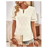 Womens Summer Tops Keyhole Crew Neck Eyelet Lace Short Sleeve Blouses Boho Casual Hollow Out Embroidered Shirts