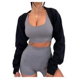 Remidoo Women's Bolero Shrug Sweatshirt Open Front Long Sleeve Crop Top With Thumb Hole Black X-Small