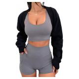 Remidoo Women's Bolero Shrug Sweatshirt Open Front Long Sleeve Crop Top With Thumb Hole Black X-Small