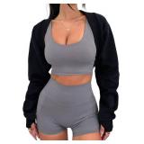 Remidoo Women's Bolero Shrug Sweatshirt Open Front Long Sleeve Crop Top With Thumb Hole Black X-Small