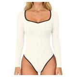 OQQ Women Bodysuit Contrast-Trim Square Neck Long Sleeve Stretch Bodysuit Tops