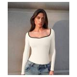 OQQ Women Bodysuit Contrast-Trim Square Neck Long Sleeve Stretch Bodysuit Tops