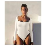 OQQ Women Bodysuit Contrast-Trim Square Neck Long Sleeve Stretch Bodysuit Tops