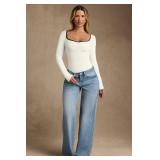 OQQ Women Bodysuit Contrast-Trim Square Neck Long Sleeve Stretch Bodysuit Tops