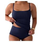 Beautife Womens Plus Size Tankini Swimsuits Tummy Control Full Coverage Two Piece Bathing Suits with High Waisted Bottom