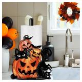 Halloween Paper Towel Holder, Scary Pumpkin Black Cat Paper Holder, Fall Holiday Decoration for Kitchen Countertop Bathroom Home Farmhouse, Halloween Holiday Pumpkin Head Decor Indoor