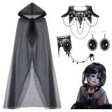 Toulite 4 Pcs Halloween Witch Costume Accessories Full Length Sheer Black Hooded Cape Gothic Necklace Bracelet Earrings Vampire Accessories for Women