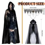 Toulite 4 Pcs Halloween Witch Costume Accessories Full Length Sheer Black Hooded Cape Gothic Necklace Bracelet Earrings Vampire Accessories for Women