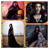 Toulite 4 Pcs Halloween Witch Costume Accessories Full Length Sheer Black Hooded Cape Gothic Necklace Bracelet Earrings Vampire Accessories for Women