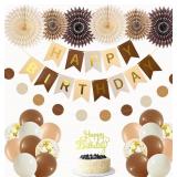Birthday Party Decoration, Happy Birthday Banner with Paper Fans Bunting Flag Tissue Balloon for Girl Women Bday Party Supplies Anniversary Decoration (Brown)
