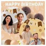 Birthday Party Decoration, Happy Birthday Banner with Paper Fans Bunting Flag Tissue Balloon for Girl Women Bday Party Supplies Anniversary Decoration (Brown)