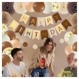 Birthday Party Decoration, Happy Birthday Banner with Paper Fans Bunting Flag Tissue Balloon for Girl Women Bday Party Supplies Anniversary Decoration (Brown)
