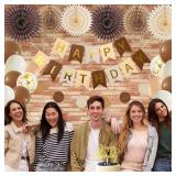 Birthday Party Decoration, Happy Birthday Banner with Paper Fans Bunting Flag Tissue Balloon for Girl Women Bday Party Supplies Anniversary Decoration (Brown)