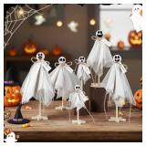 6 Pcs Halloween Primitive Ghost Table Decor, Rustic Ghost Wooden Stand Sign Boho Farmhouse Wood Spooky Table Centerpieces for Halloween Office Indoor Party Decoration Supplies (Mixed Style)