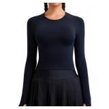 RUNNING GIRL Long Sleeve Workout Tops for Women Soft Crew Neck Basic Tight Cropped Top Casual Seamless Shirt