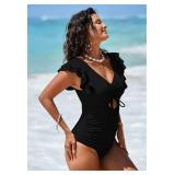 Viottiset One Piece Swimsuit Ruched Drawstring Swimwear V-Neck Stretchy Bathing Suit