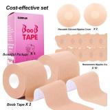 Boob Tape Set, 2 Rolls Boobtapes for Large Breasts A-G Cup, with 2 Types of Nipple Covers, Fashion Stretchable Tit Tape Stick on Bra Beige