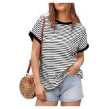 Dokotoo Women's Casual Colorblock Striped Short Sleeve Tops Crew Neck Knit Basic T Shirts
