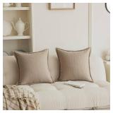 Set of 2 Herringbone Embossed Stripe Flange Throw Pillow Covers for Couch and Bed - 18\'x18\', Khaki-Green