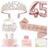 45th Birthday Gifts Decorations for Women, Including 45 year old Cake Topper, Birthday Queen Sash with Pearl Pin, Sweet Rhinestone Tiara Crown, Number Candles and Balloons Set, Rose Gold - Retail: $14 45th Birthday Gifts Decorations for Women, Including 45 year old Cake Topper, Birthday Queen Sash with Pearl Pin, Sweet Rhinestone Tiara Crown, Number Candles and Balloons Set, Rose Gold - Retail: $14