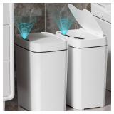 2 Pack 2.7 Gal Bathroom Trash Can with Lid, Automatic Trash Can Small Smart Garbage Can Touchless, Slim Motion Sensor Waterproof Plastic Trash Bins for Bedroom Office Kitchen Toilet - Retail: $40 2 Pack 2.7 Gal Bathroom Trash Can with Lid, Automatic Trash Can Small Smart Garbage Can Touchless, Slim Motion Sensor Waterproof Plastic Trash Bins for Bedroom Office Kitchen Toilet - Retail: $40