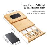 Extra Large 33.7x15.7 inch Charcuterie Boards Gift Set, 100% Bamboo Cheese Board and Knife Set, Cool Meat Cheese Platter Tray, House Warming - Retail: $55 Extra Large 33.7x15.7 inch Charcuterie Boards Gift Set, 100% Bamboo Cheese Board and Knife Set, Cool Meat Cheese Platter Tray, House Warming - Retail: $55