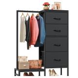 Dresser with Hanging Rack, 4 Drawers Small Closet for Bedroom, Reversible Fabric Kids Chest of Drawers with Clothes Rack, Tall Storage Tower, Sturdy Frame, Black, 44''H - Retail: $100 Dresser with Hanging Rack, 4 Drawers Small Closet for Bedroom, Reversible Fabric Kids Chest of Drawers with Clothes Rack, Tall Storage Tower, Sturdy Frame, Black, 44''H - Retail: $100