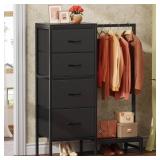 Dresser with Hanging Rack, 4 Drawers Small Closet for Bedroom, Reversible Fabric Kids Chest of Drawers with Clothes Rack, Tall Storage Tower, Sturdy Frame, Black, 44''H - Retail: $100 Dresser with Hanging Rack, 4 Drawers Small Closet for Bedroom, Reversible Fabric Kids Chest of Drawers with Clothes Rack, Tall Storage Tower, Sturdy Frame, Black, 44''H - Retail: $100