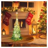 11 Inch Tabletop Christmas Tree with Sparkling Glitter - Battery Operated Acrylic Lighted Christmas Tree for Home Office Fireplace Christmas Holiday Decoration Festive Decor Gift, White Glow