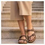 CUSHIONAIRE Luna Sandals for Women, Cork Footbed Womens Sandals for Summer Comfort with Adjustable Straps, Wide Width Available Size 8 Brown