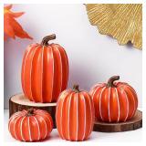 4 Pcs Fall Pumpkin Decor for Table Decoration Orange Resin Pumpkins for Decorating Harvest Fake Pumpkins Figurines Tabletop Centerpieces for Thanksgiving Halloween Home Decor Indoor Outdoor