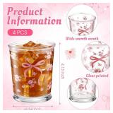 Maxdot 4 Pcs 8oz Coquette Bow Glass Cups Pink Bow Aesthetic Drinking Glasses Cute Coffee Mugs Wine Glasses Coquette Gifts for Women Girls Birthday Wedding Bridal Shower(Bow and Rose)
