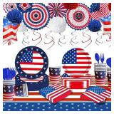 149pcs Patriotic Party Supplies, July 4th Party Supplies with Napkins Paper Plates Cups Tablecloth Balloons Paper Fans for 4th of July Parties Decorations