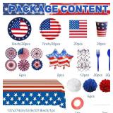 149pcs Patriotic Party Supplies, July 4th Party Supplies with Napkins Paper Plates Cups Tablecloth Balloons Paper Fans for 4th of July Parties Decorations