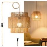 11.8' Boho Jute Plug in Pendant Light, Handwoven Natural Hanging Lamp Plug in with Dimmable Light Switch, Wicker Hanging Light Fixture for Bedroom Living Room Kitchen (No Bulb Included)