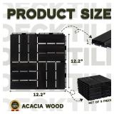 Acacia Wood Flooring Interlocking Deck Tiles for Patio Decor 9 Pcs 12 Slats VR Black - Waterproof Indoor & Outdoor Decor - Balcony Garden Decking Tile (12.2 * 12.2 * 0.7 inches)