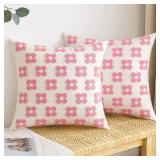EMEMA Decorative Throw Pillow Covers Daisy Sun Flower Jacquard Pillowcase Cushion Case Square for Couch Sofa Bed Living Room Bedroom Set of 2, 16x16 Inch, Pink and White
