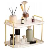 2-Tier Vanity Organizer Trays with Handles and Wheels, Cosmetic Storage Display (Ceramic White)