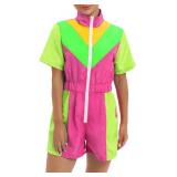 Women's Color Block One Piece Outfits Short Sleeve Zipper Elastic Waist Windbreaker Rompers Short Jumpsuits - Size XXL