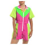 Women's Color Block One Piece Outfits Short Sleeve Zipper Elastic Waist Windbreaker Rompers Short Jumpsuits - Size XXL
