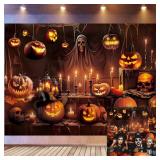 Horror Halloween Backdrop Scary Skeleton Pumpkin Lantern Haunted House Background Kids Adult Spooky Birthday Party Decorations Banner Supplies (7x5FT)