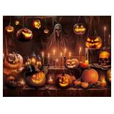 Horror Halloween Backdrop Scary Skeleton Pumpkin Lantern Haunted House Background Kids Adult Spooky Birthday Party Decorations Banner Supplies (7x5FT)